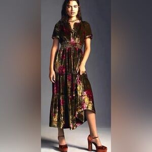 Somerset Velvet Maxi. Anthropologie Velvet Floral Maxi Dress - Olive and Pink